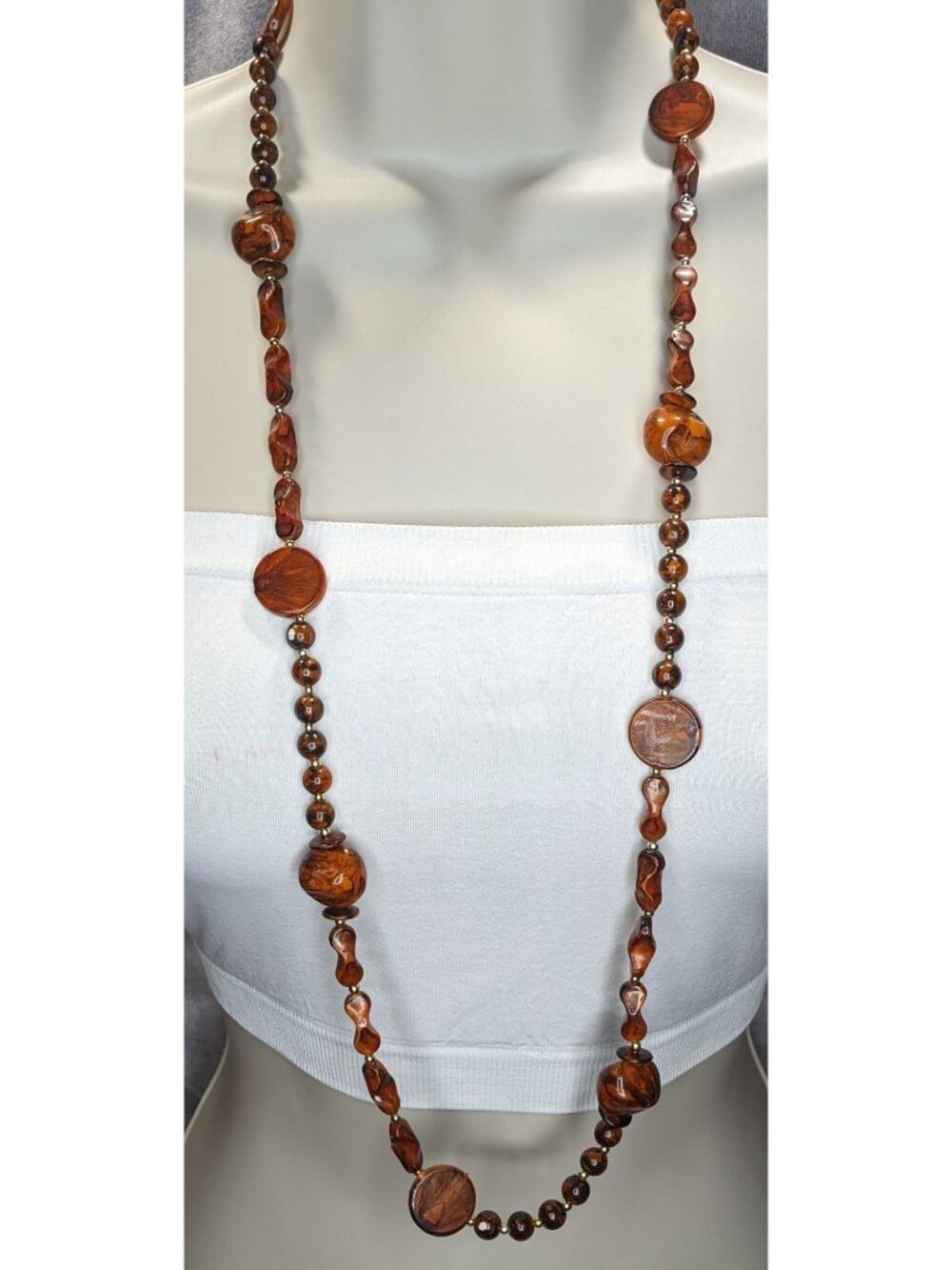 Boho Vintage Brown Marbled Beaded Long Station Necklace Earthy Statement Jewelry